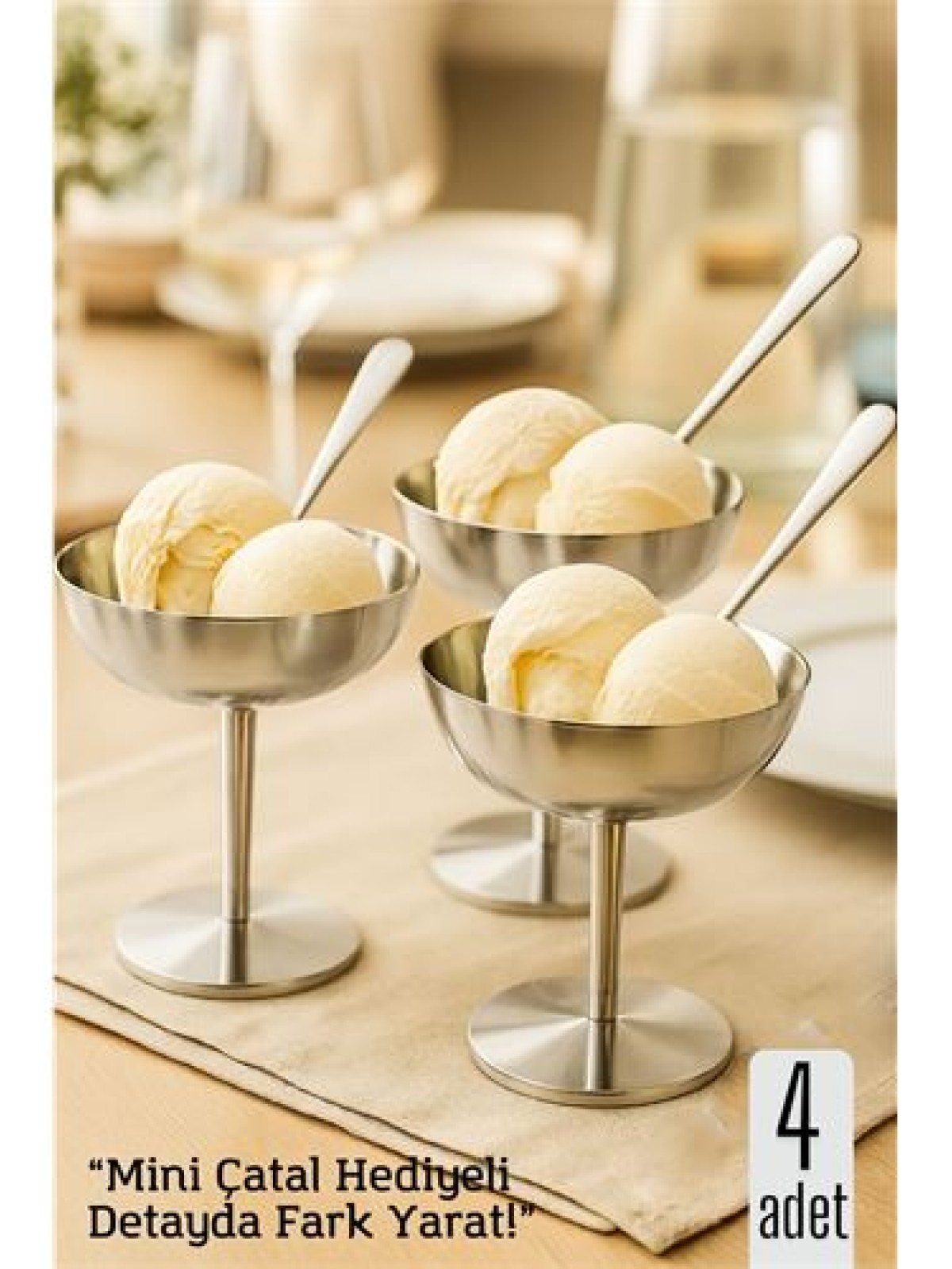 4 lü Gümüş Inox Çelik Ayaklı Dondurma ve Sunum Kasesi – Tatlı, Lokum ve Sunum Kabı