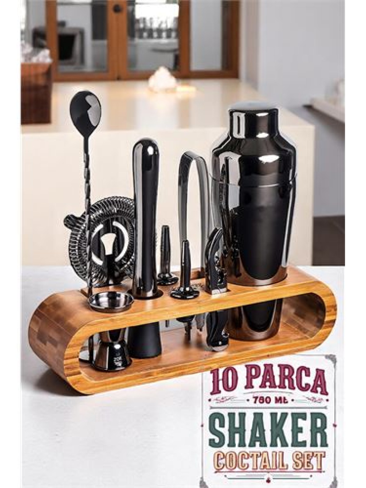 Shaker Kokteyl Set - 10 Parça 750 ML Shaker Coctail Set  Bambu Standlı