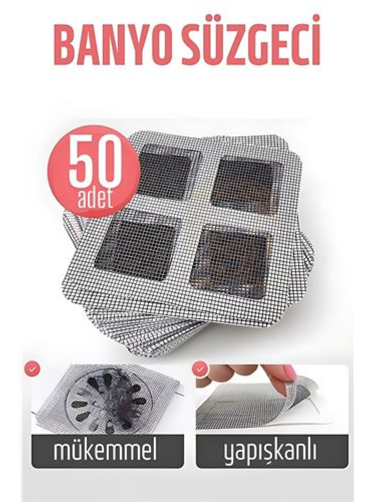 Banyo Gider Süzgeci 50 Adet Yapışkanlı Filtre, 10x10 cm