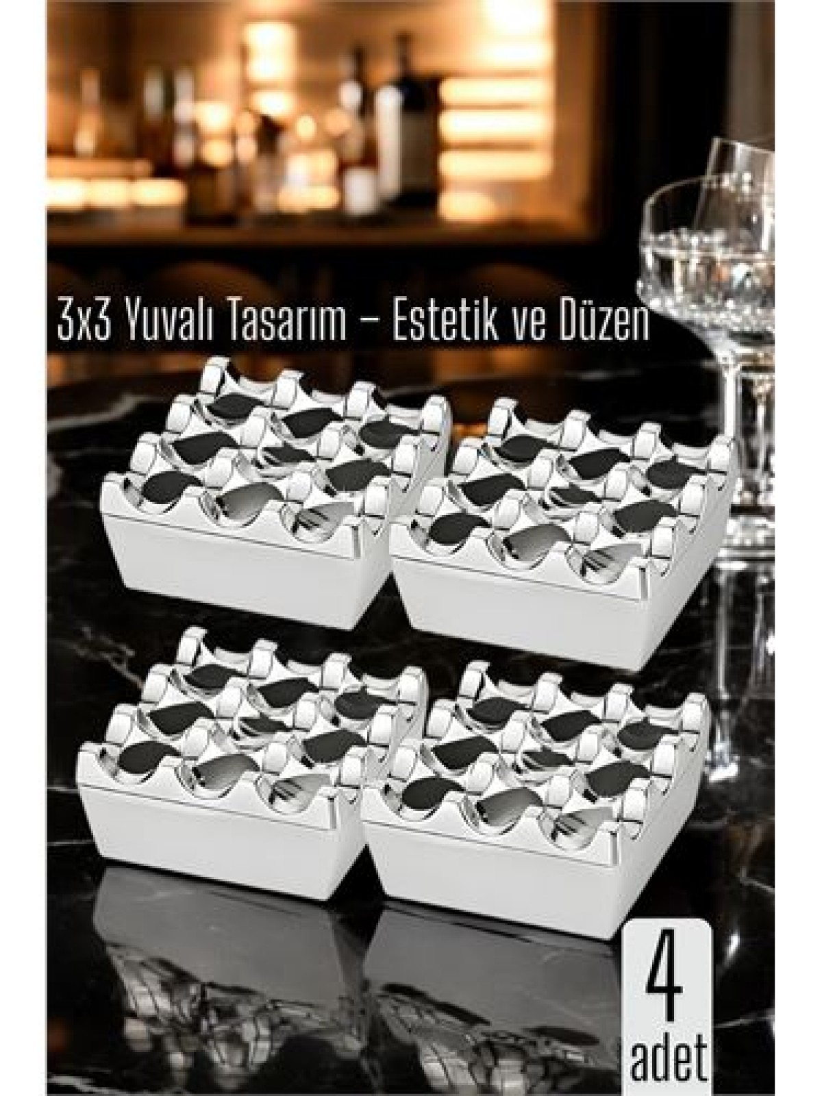 4 lü Metal Döküm Küllük – 3x3 Yuvalı, Krom , Modern ve Ağırlıklı Tasarım