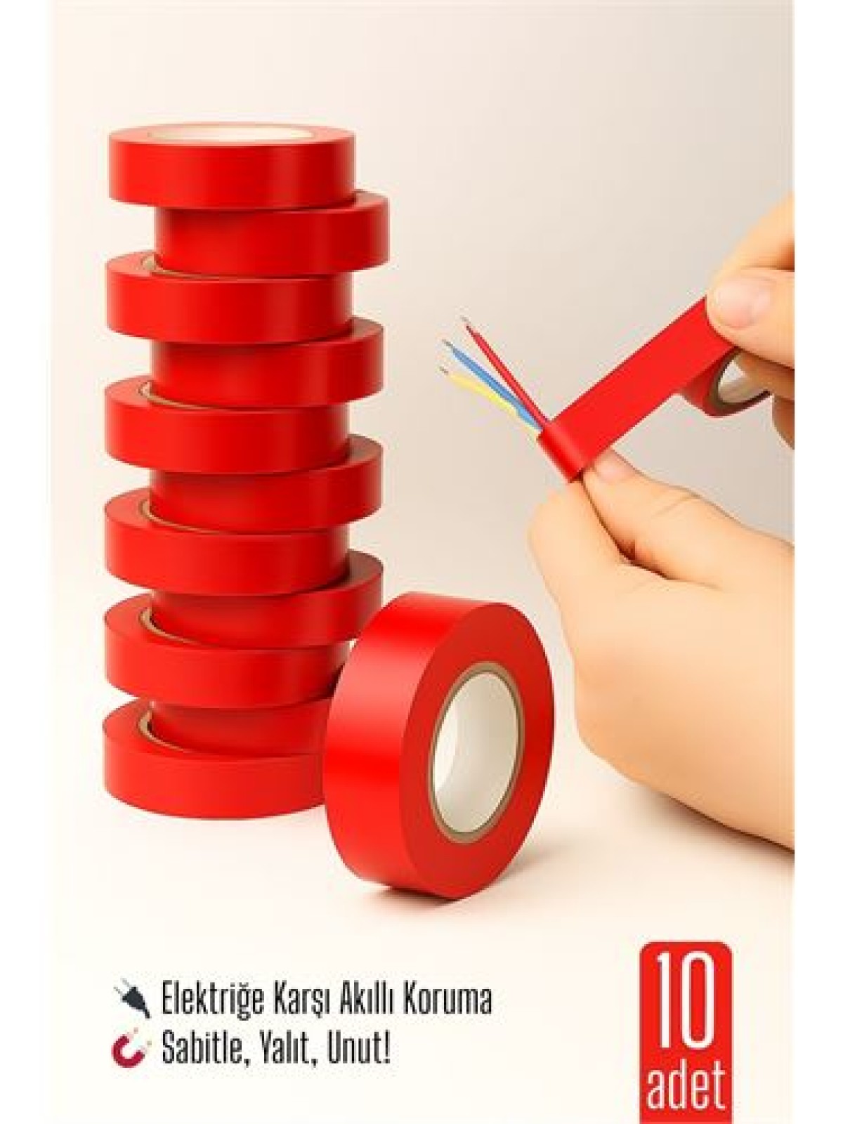 10'LU KIRMIZI Elektrik  Bandı – Yüksek Yalıtım Gücü, Kablo Sabitleme ve Elektrik Koruma İçin