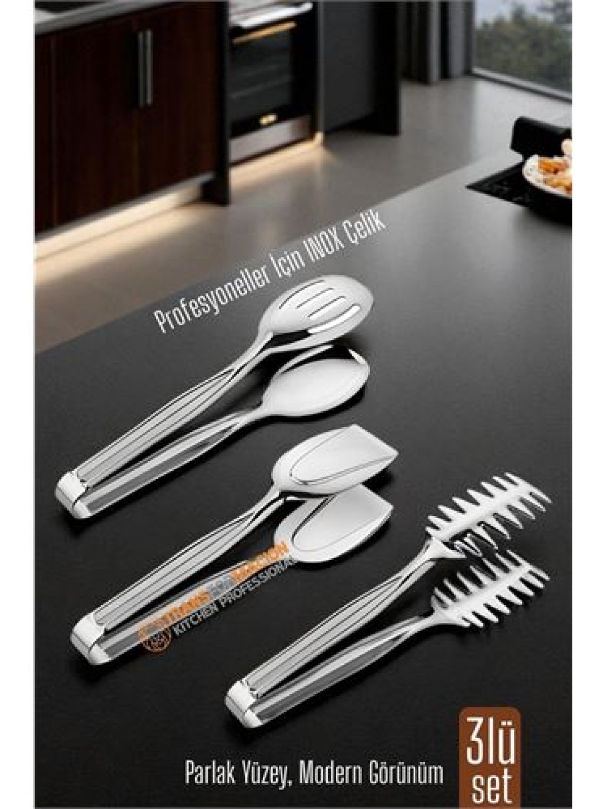 3’lü İnox Çelik Mutfak Maşa Seti - Makarna Pasta Salata Çok Amaçlı Maşa 3 lü SET