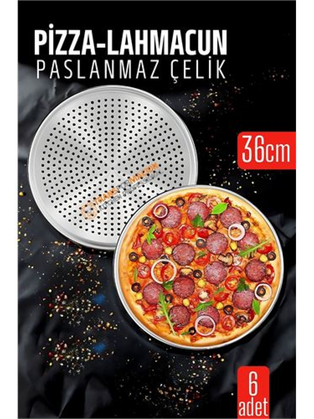 6 lı  Paslanmaz Çelik Pizza-Lahmacun Tepsisi – Delikli Tasarım ile Mükemmel Pişirme  36 cm