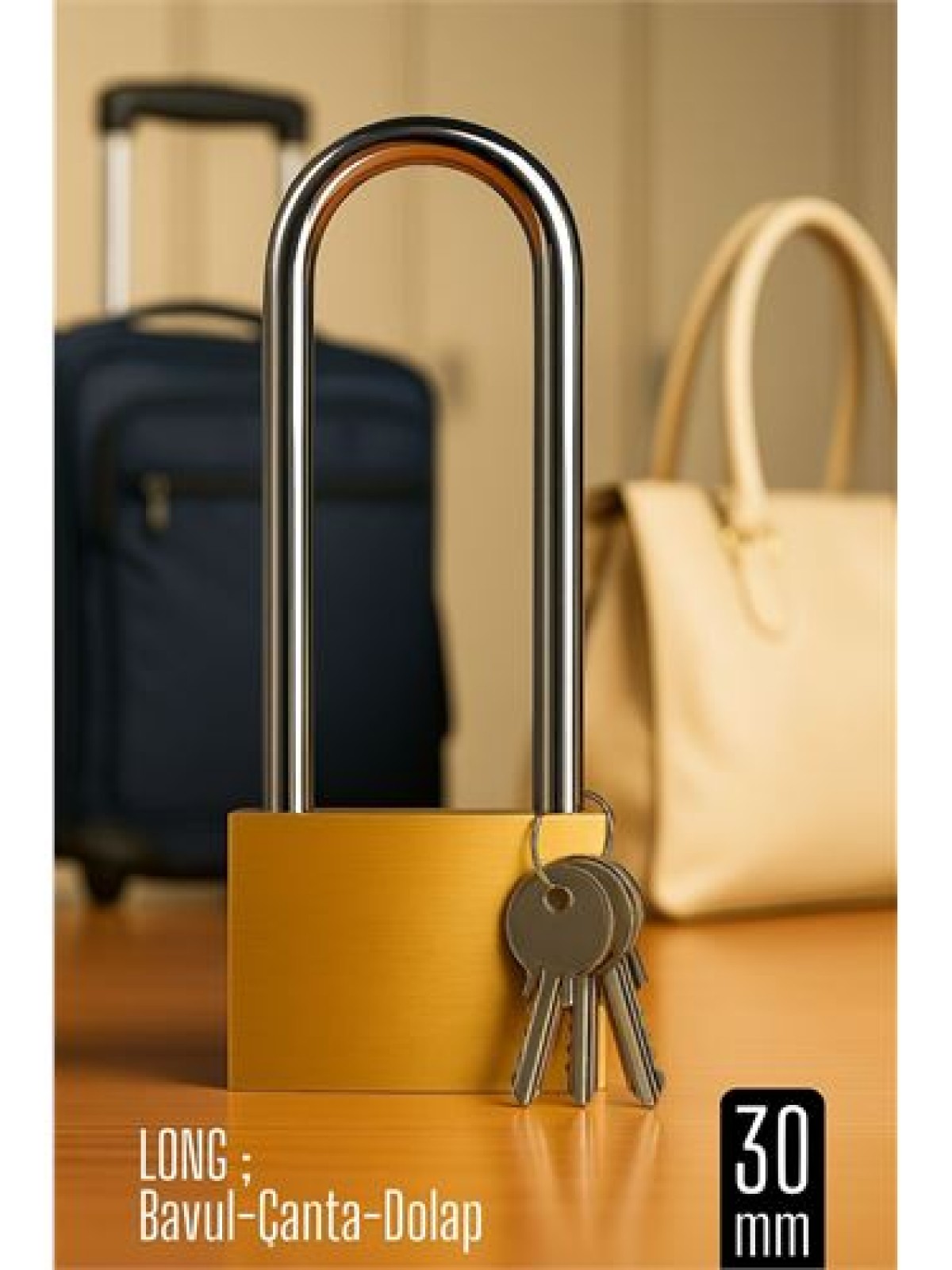 Long 30 mm Uzun Kelepçeli Bavul ve Çanta Asma Kilidi – 3 Anahtarlı, Dolap ve Seyahat İçin Güvenli