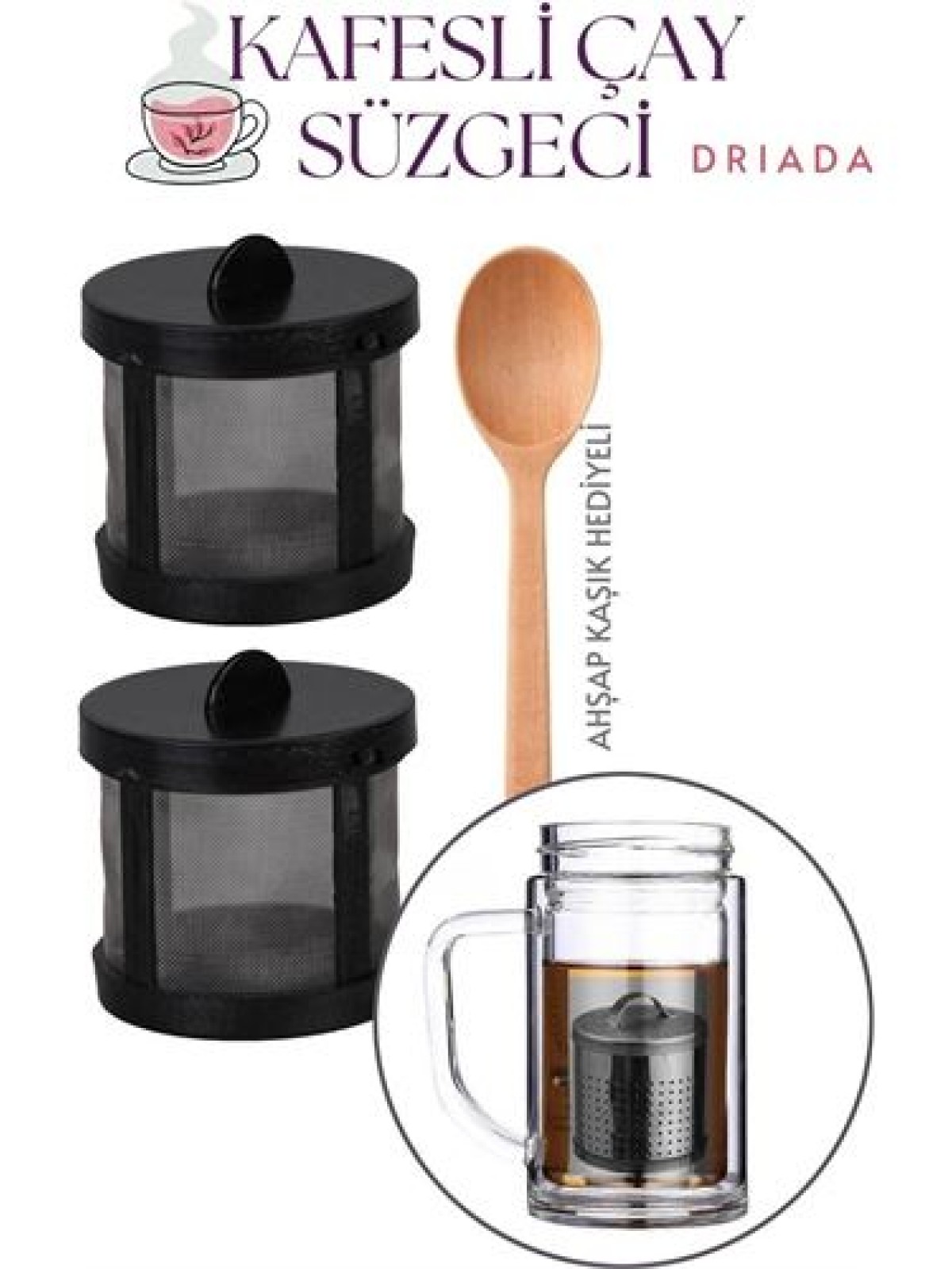 Kaşıklı Kafes Çay Süzgeci - 2 li Bitki Çayı Süzgeci - Polikarbon