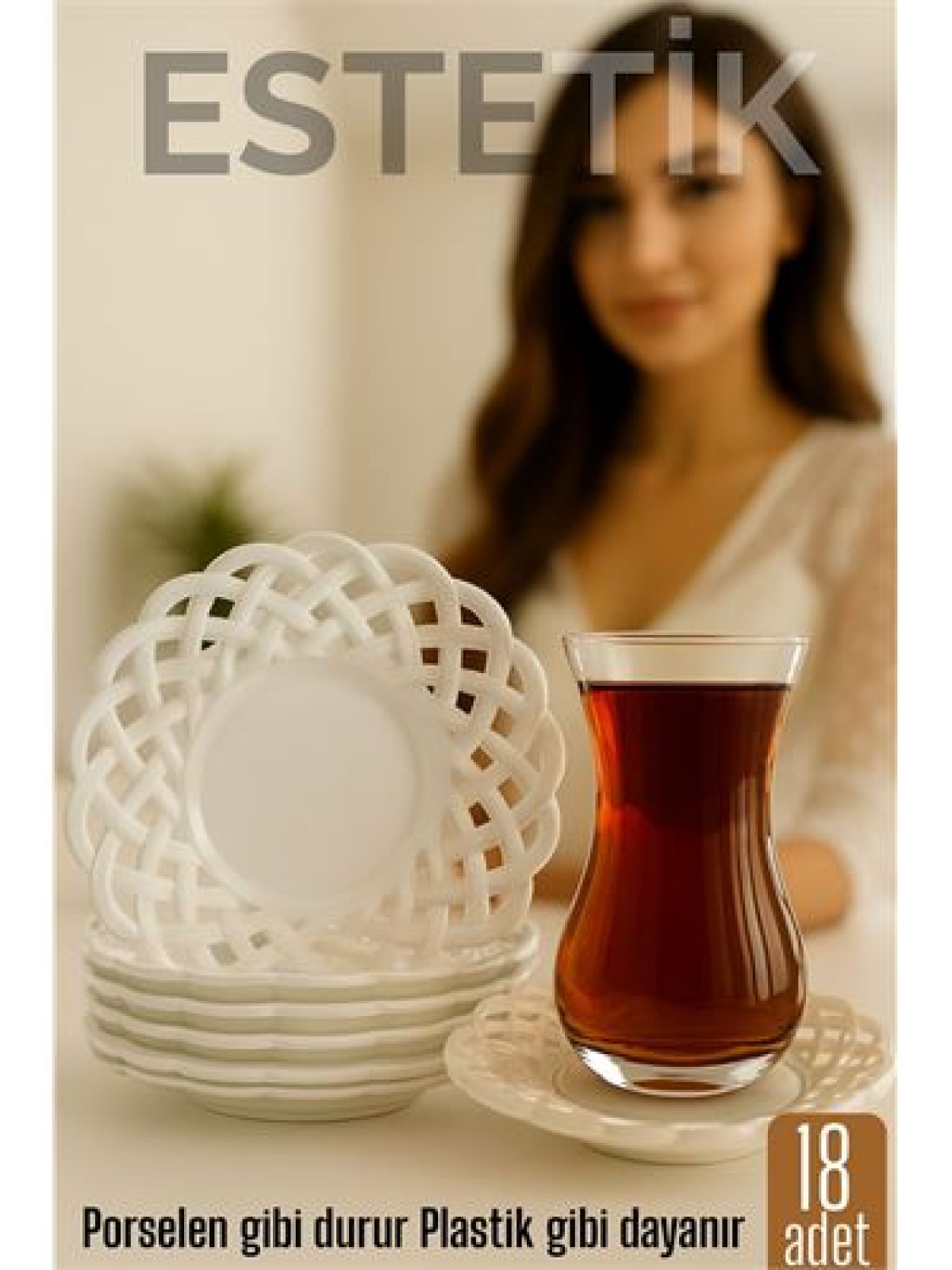 Porselen Görünümlü Plastik Çay Tabağı – 18'lı Set, Hafif, Şık ve Kırılmaz Tasarım