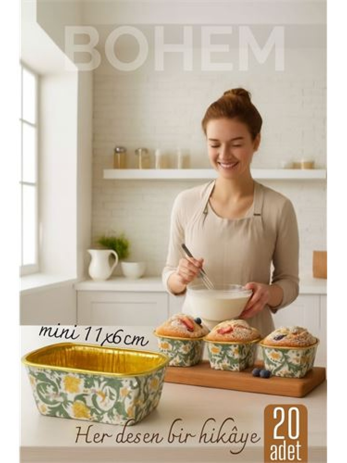 Bohem Dikdörtgen Kek Kalıbı , Alüminyum  Cupcake Muffin Kalıbı 20'li Paket