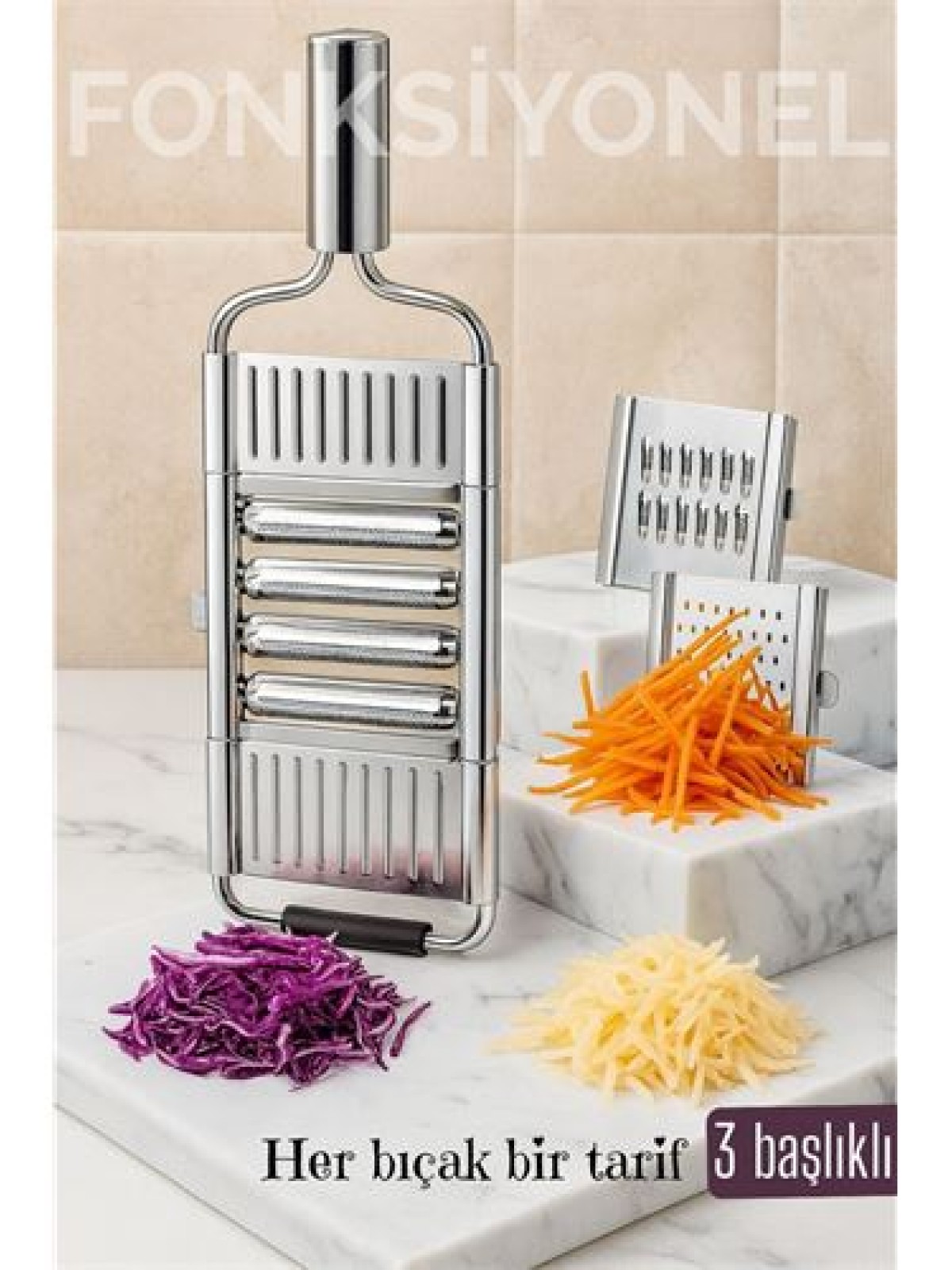Paslanmaz Çelik Sebze Rendesi – Değiştirilebilir 3 Bıçaklı, Çok Fonksiyonlu, Hızlı ve Pratik