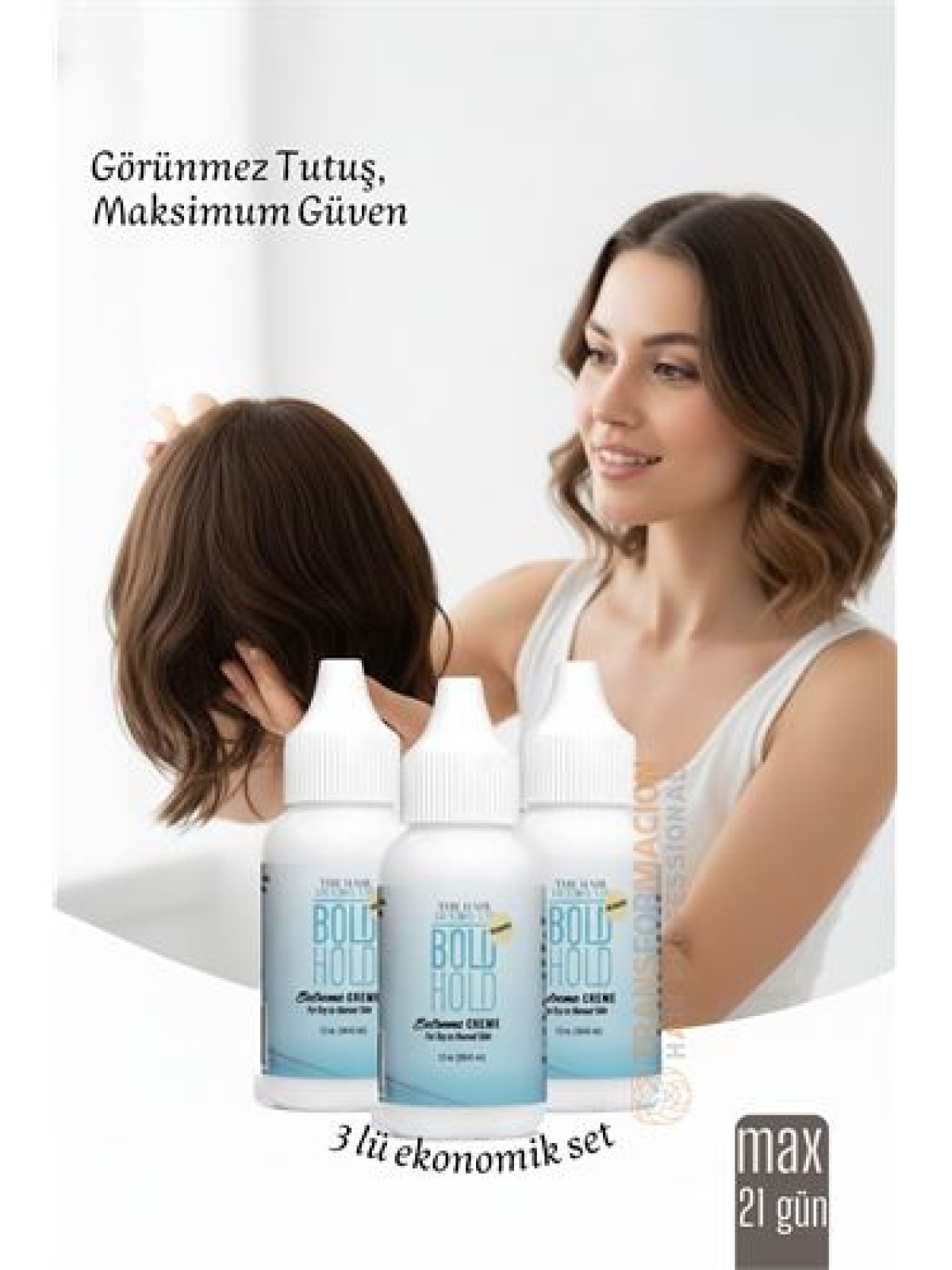 3 lü Protez Saç Yapıştırıcı - Peruk ve Keratin Kaynak Saç İçin Görünmez ve Uzun Süreli Yapıştırıcı  Bold Hold