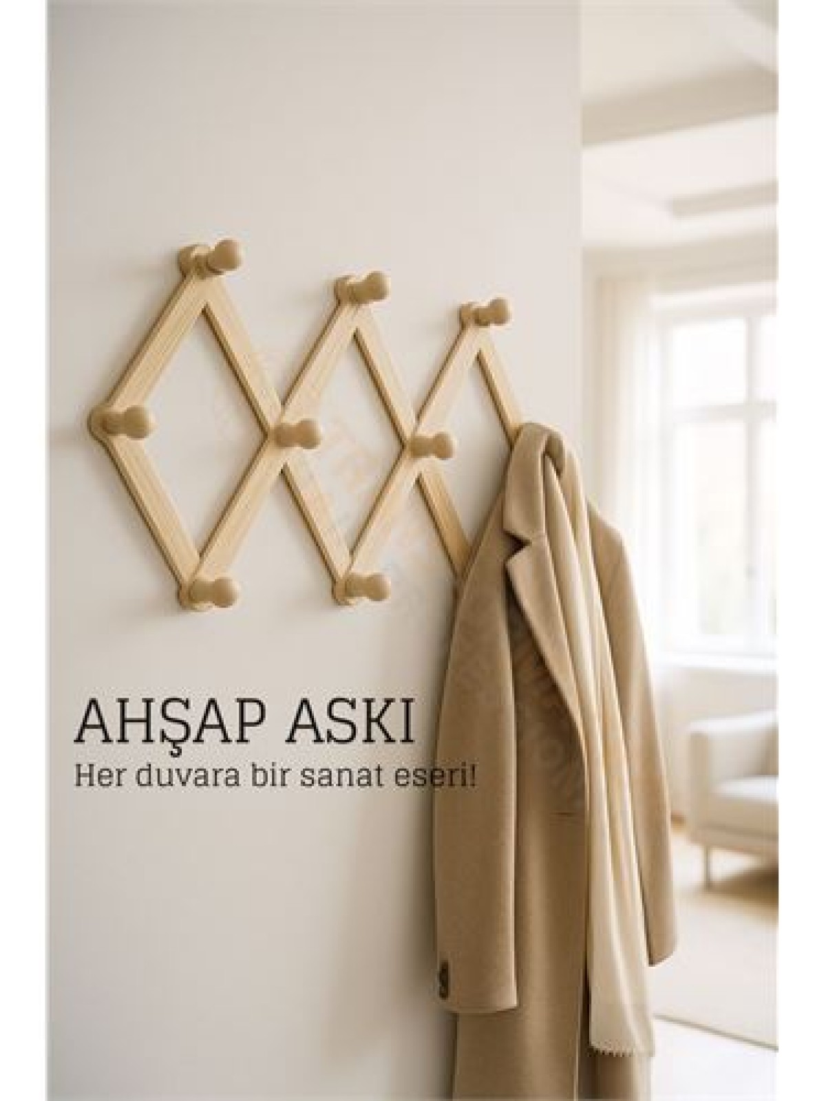 Ahşap Akordeon Duvar Askısı - Dekoratif, Çok Amaçlı, 10 Kancalı Akıllı Askılık