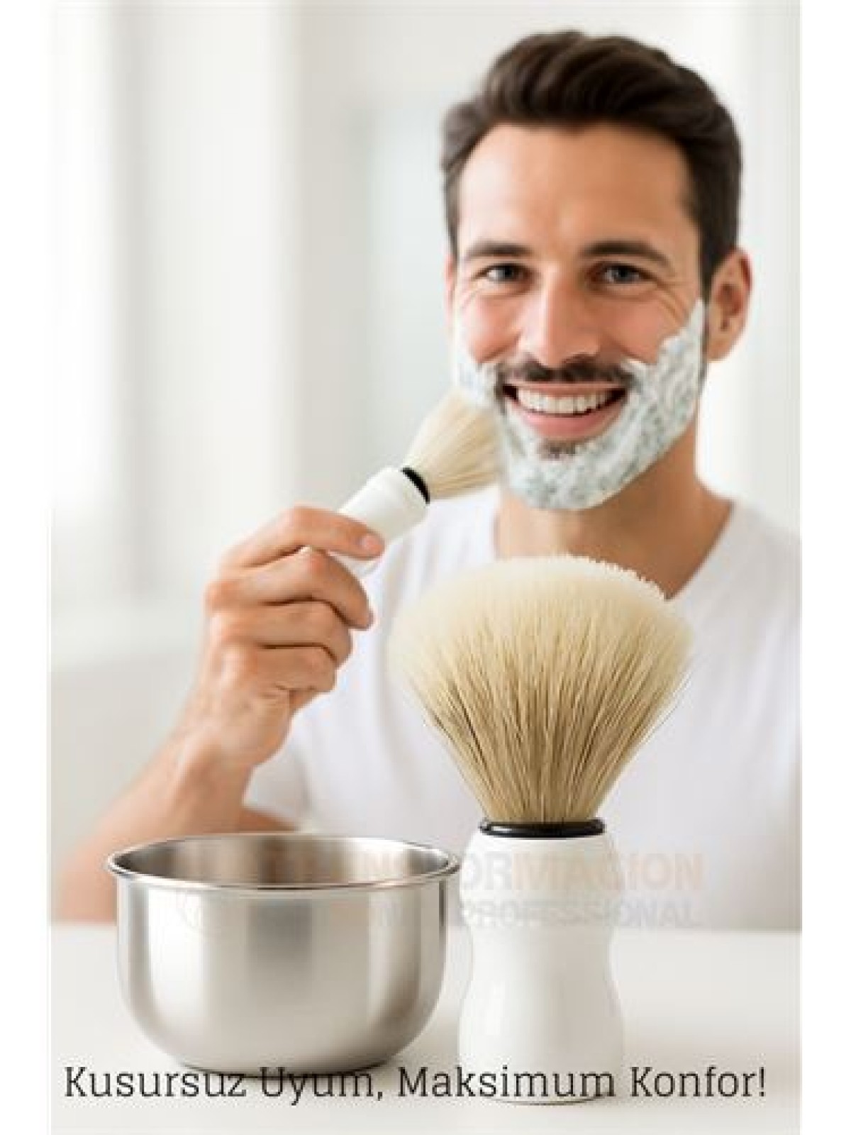 Klasik Tıraş Seti – Beyaz Saplı Fırça & 304 Paslanmaz Çelik Tıraş Tası