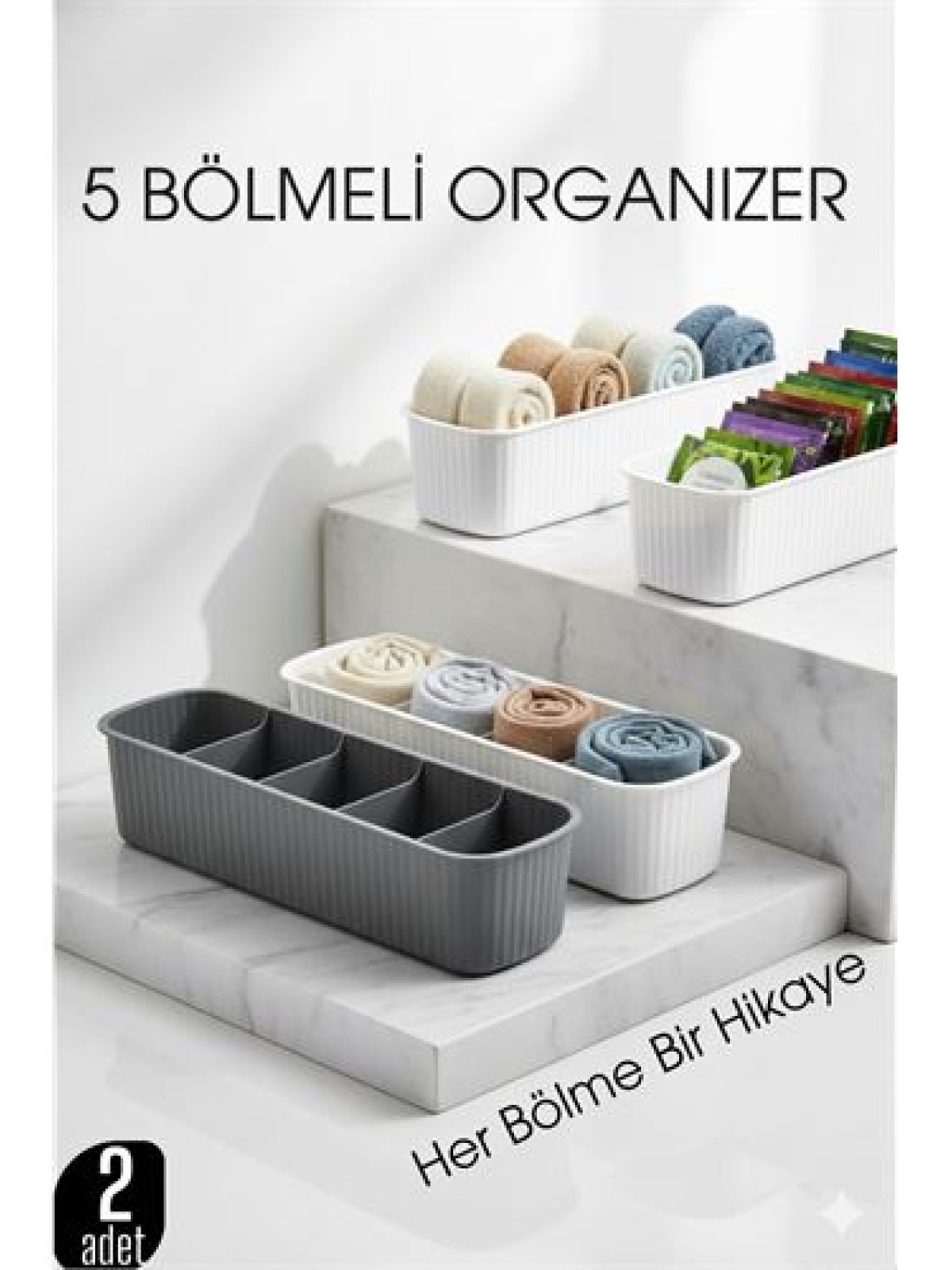 5 Bölmeli Dolap ve Çekmece İçi 2’li Set Organizer Kutusu (Gri & Beyaz)
