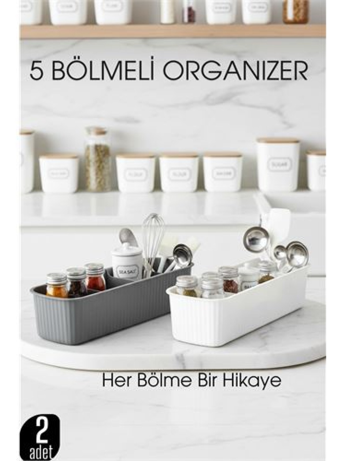 5 Bölmeli Mutfak Organizer Kutusu Gri & Beyaz 2’li Set  Baharat ve Gereç Düzenleyici