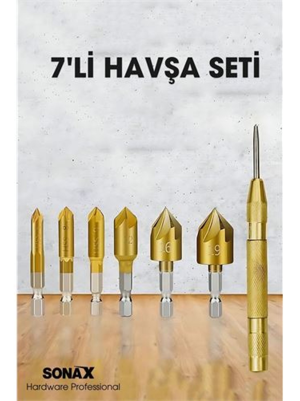 7'li HSS Titanyum Kaplı Kılavuz ve Havşa Matkap Ucu Seti + Otomatik Zımba