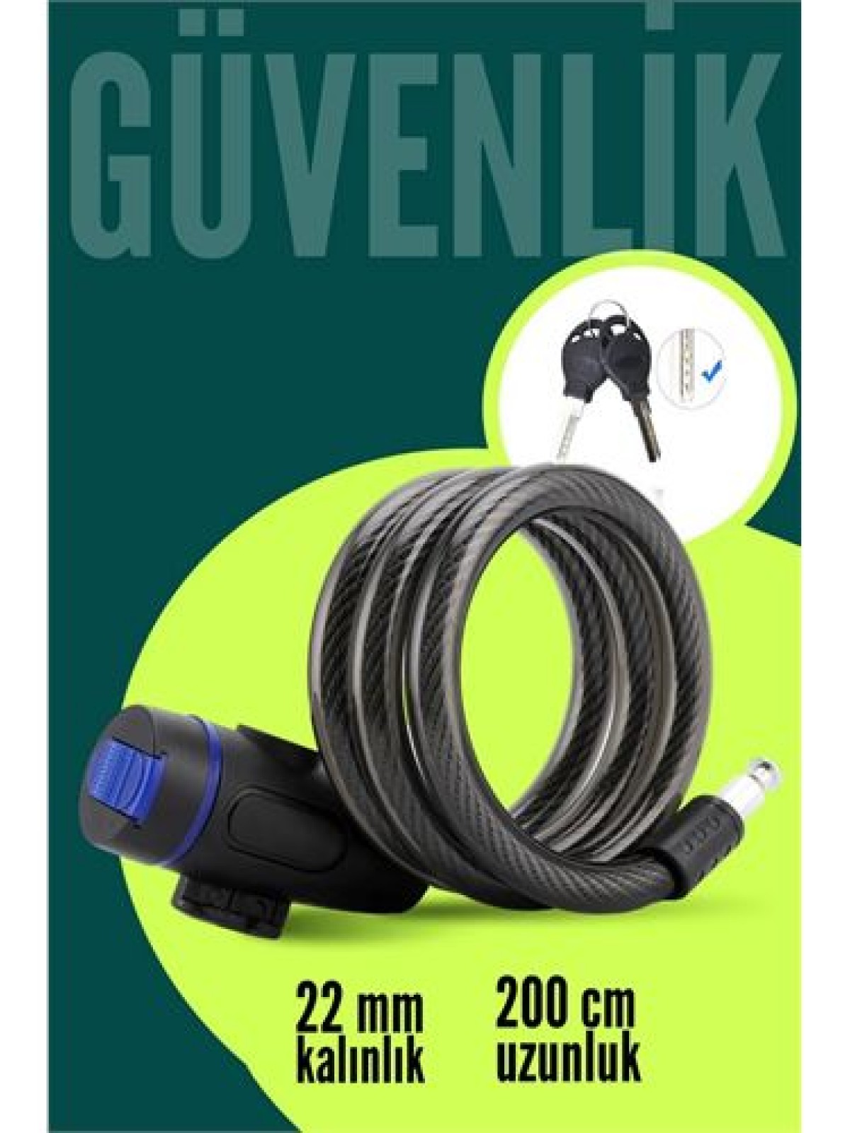 22mm Çelik Halatlı Bisiklet Kilidi - 200cm Anahtarlı Scoooter Motosiklet Kilidi