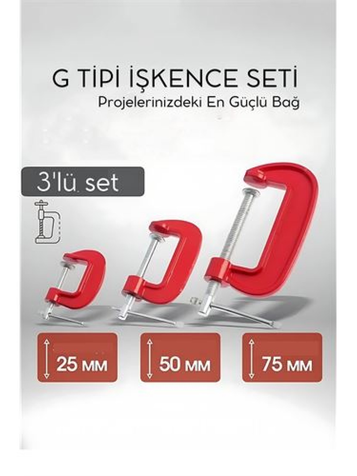 Profesyonel G Tipi İşkence Seti 3'lü: 25-50-75 mm Döküm Metal Ağaç İşleme ve Montaj Kelepçesi Takımı