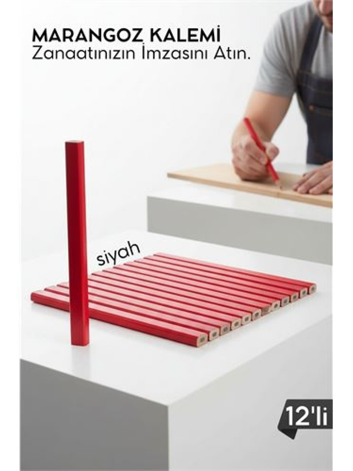 SİYAH 12'Lİ  Marangoz Kalemi - Ahşap İşleme Kalemi - Ahşap İşleme İşaretleme Araçları