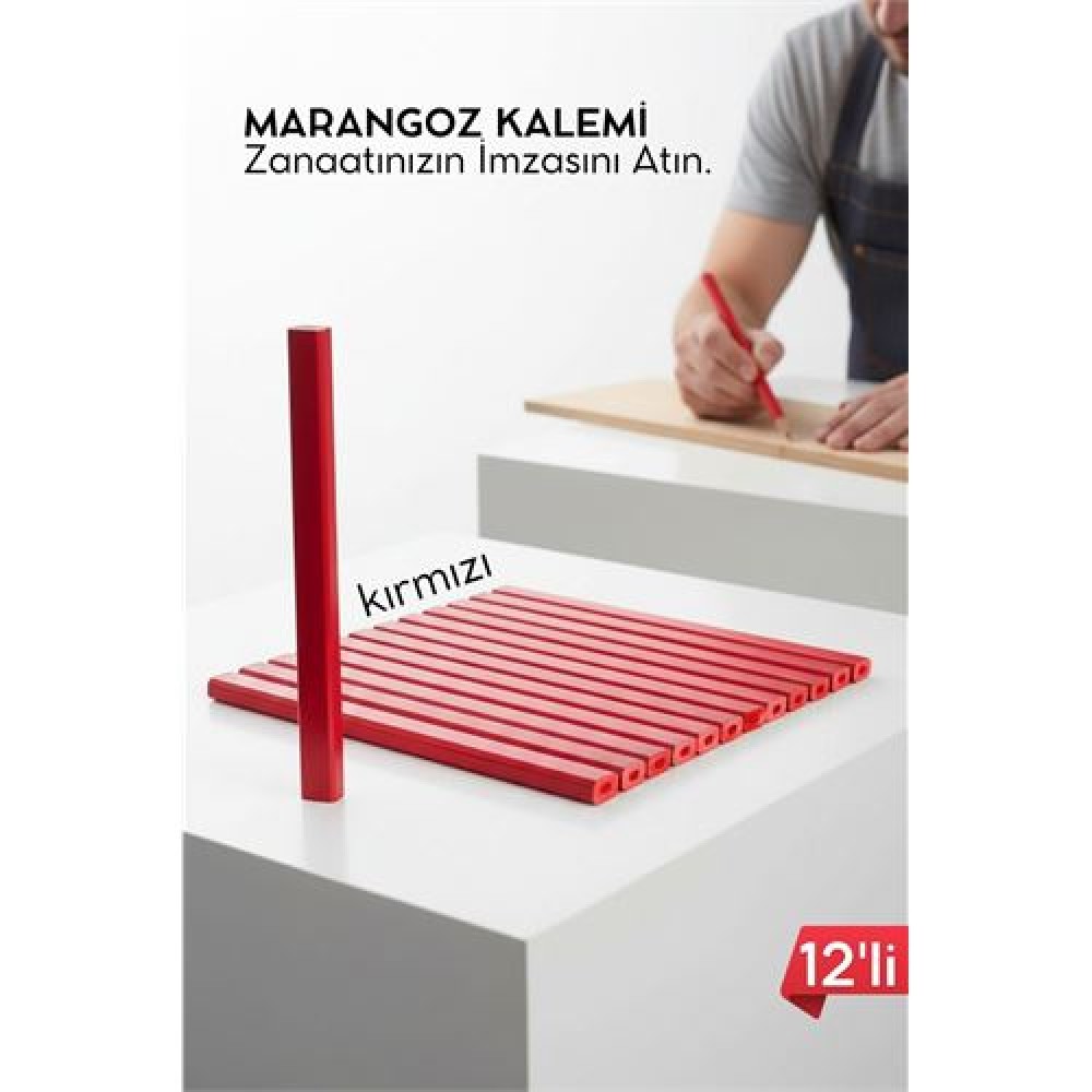KIRMIZI 12'Lİ  Marangoz Kalemi - Ahşap İşleme Kalemi - Ahşap İşleme İşaretleme Araçları
