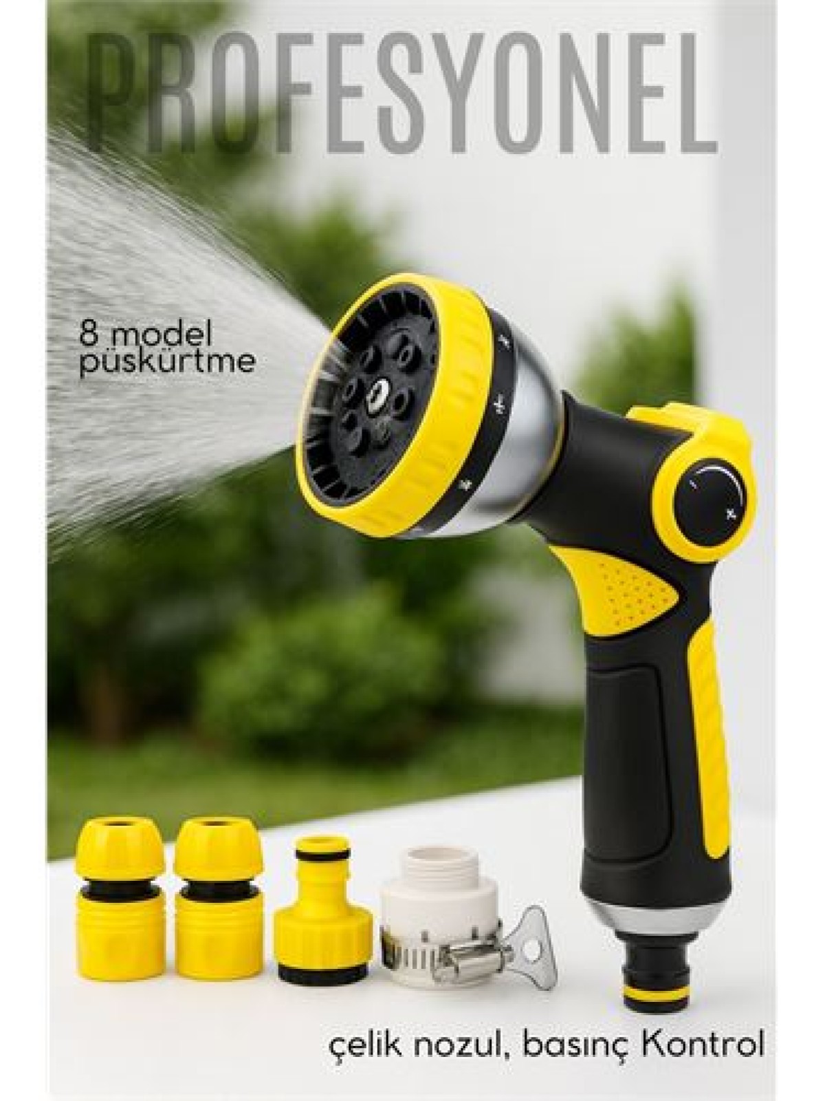 Profesyonel 8 Modelli Metal Basınçlı Sulama Tabancası Seti | Ayarlanabilir Jet | Hortum Konnektörlü