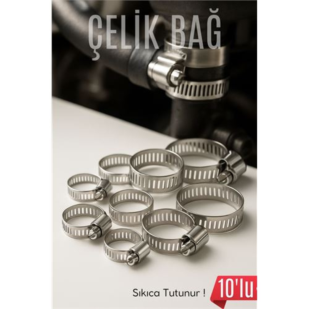 10'lu Hortum Kelepçesi Seti | 5 Boy Çelik Ayarlanabilir Vidalı Kelepçe | 13-27mm 10'lu Hortum Kelepçesi Seti | 5 Boy Çelik Ayarlanabilir Vidalı Kelepçe | 13-27mm