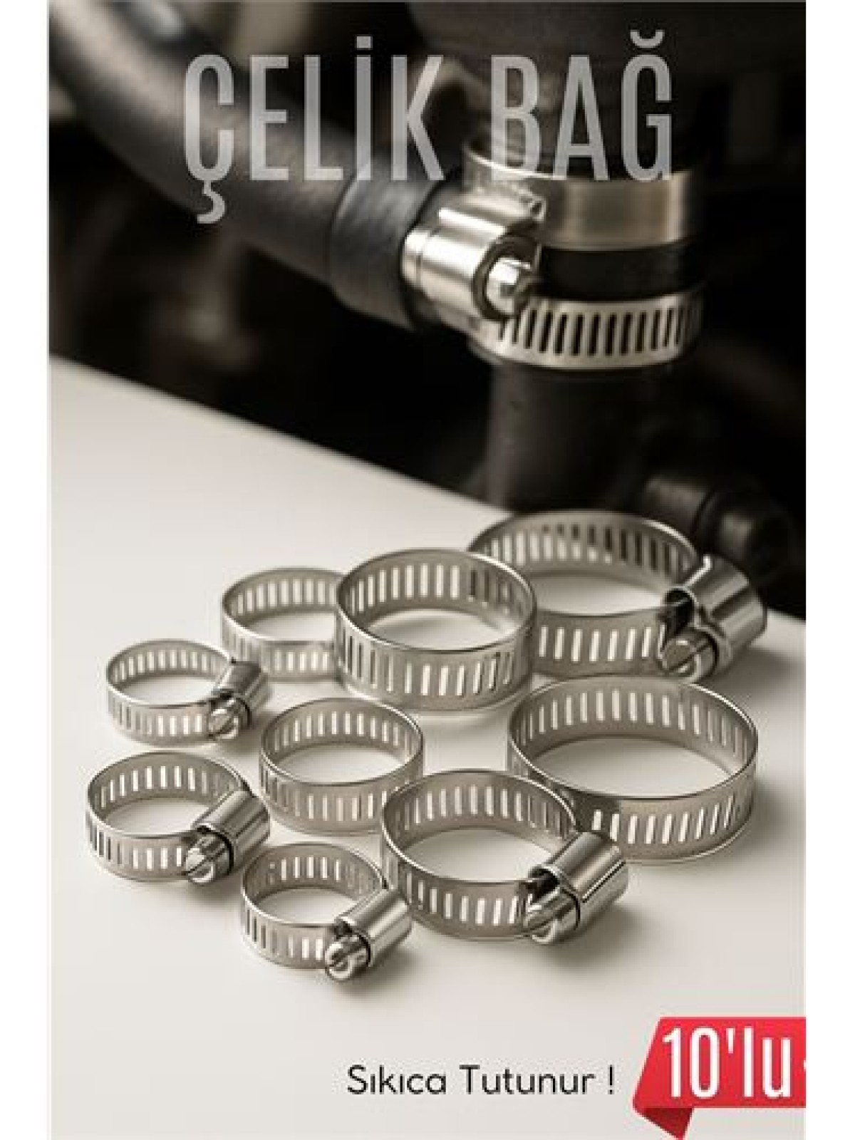 10'lu Hortum Kelepçesi Seti | 5 Boy Çelik Ayarlanabilir Vidalı Kelepçe | 13-27mm