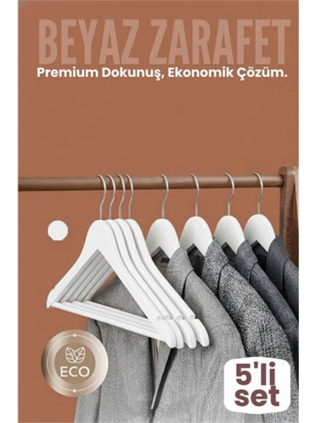 5'li Lüks Beyaz Elbise Ceket Askısı - Ergonomik & Kaymaz Plastik Askı Seti -  Ahşap Görünümlü