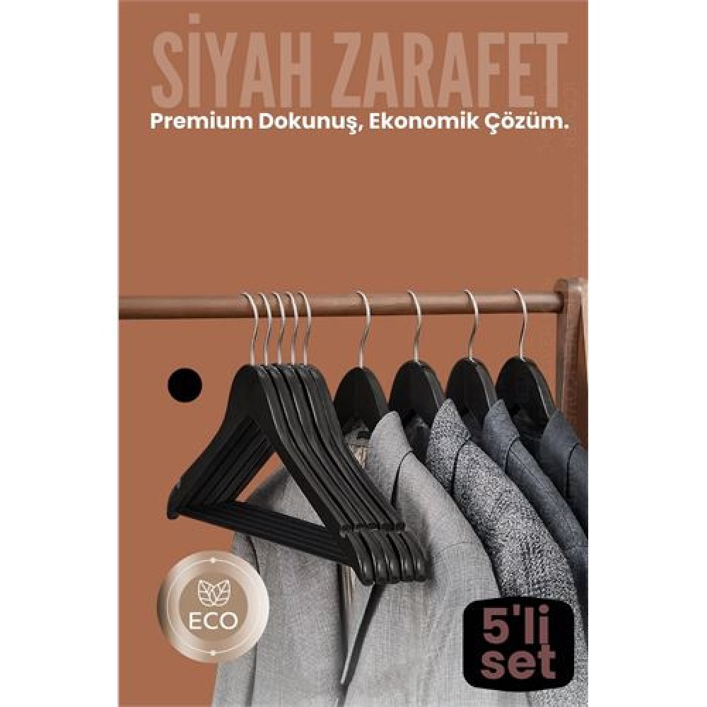 5'li Lüks Siyah Elbise Ceket Askısı - Ergonomik & Kaymaz Plastik Askı Seti -  Ahşap Görünümlü