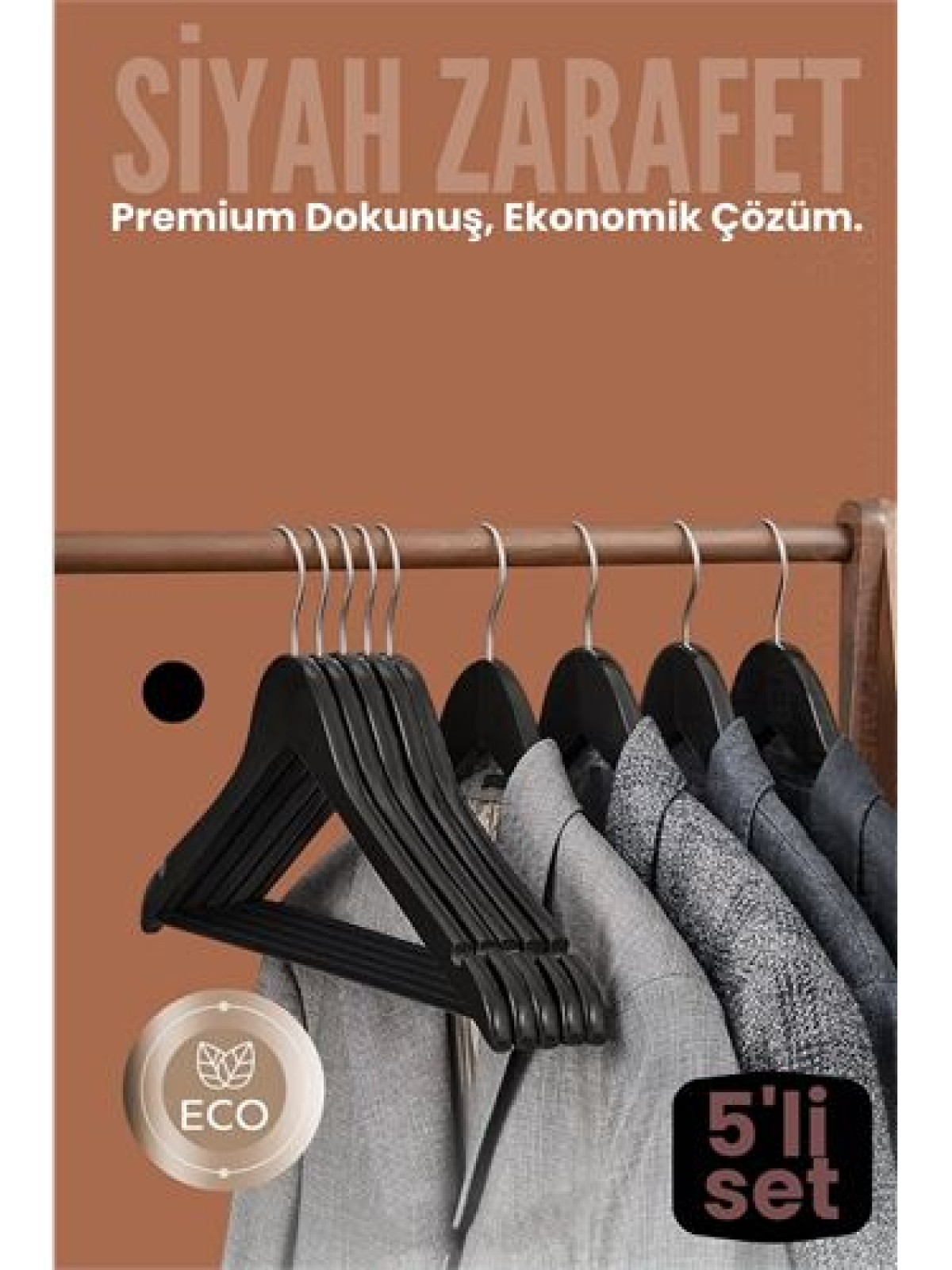 5'li Lüks Siyah Elbise Ceket Askısı - Ergonomik & Kaymaz Plastik Askı Seti -  Ahşap Görünümlü