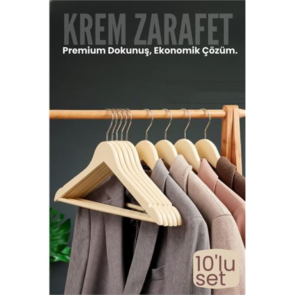 10'lu Lüks Krem Elbise Ceket Askısı - Ergonomik & Kaymaz Plastik Askı Seti -  Ahşap Görünümlü