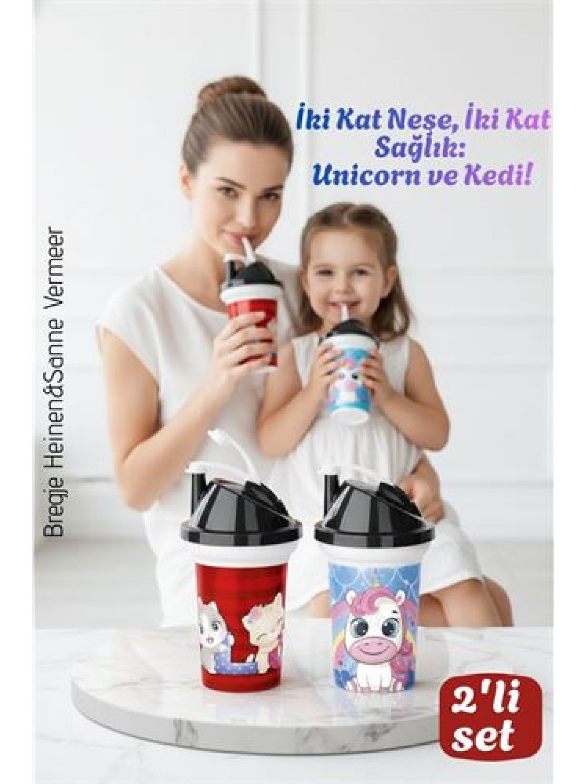 Çocuk Pipetli Bardak Seti 2'li Unicorn & Kedi Figürlü İkili Eğlenceli Kapaklı Suluk Matara 300 ml