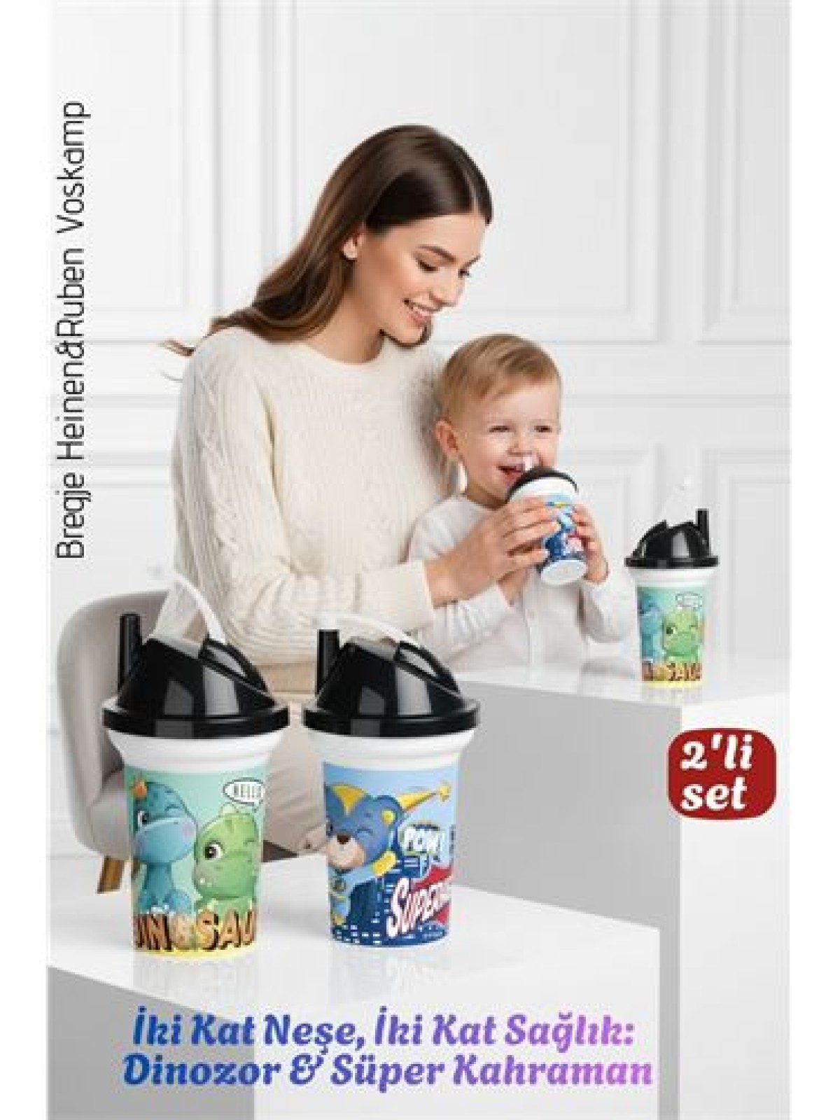 Çocuk Pipetli Bardak Seti 2'li Dinozor & Süper Kahraman İkili Eğlenceli Kapaklı Suluk Matara 300 ml