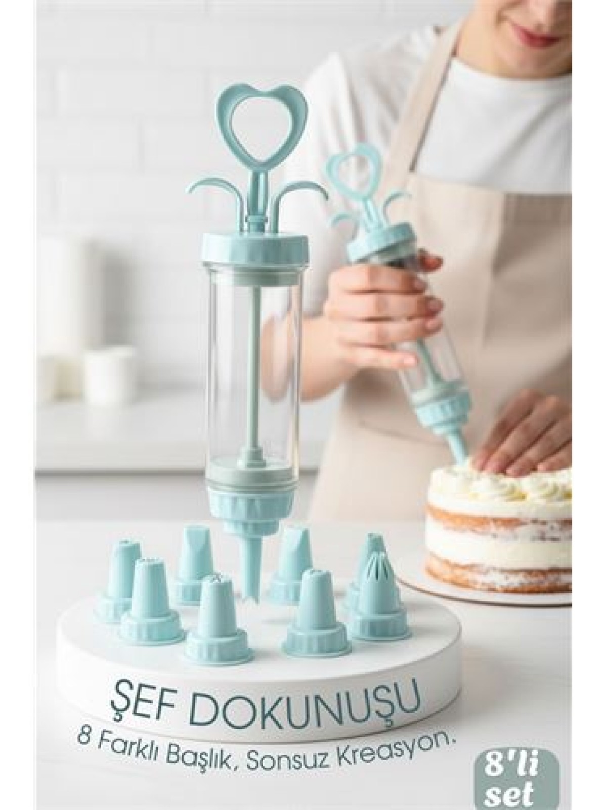Profesyonel 8'li Başlıklı Pasta Krema Süsleme Pompası Seti Enjektör Uçlu