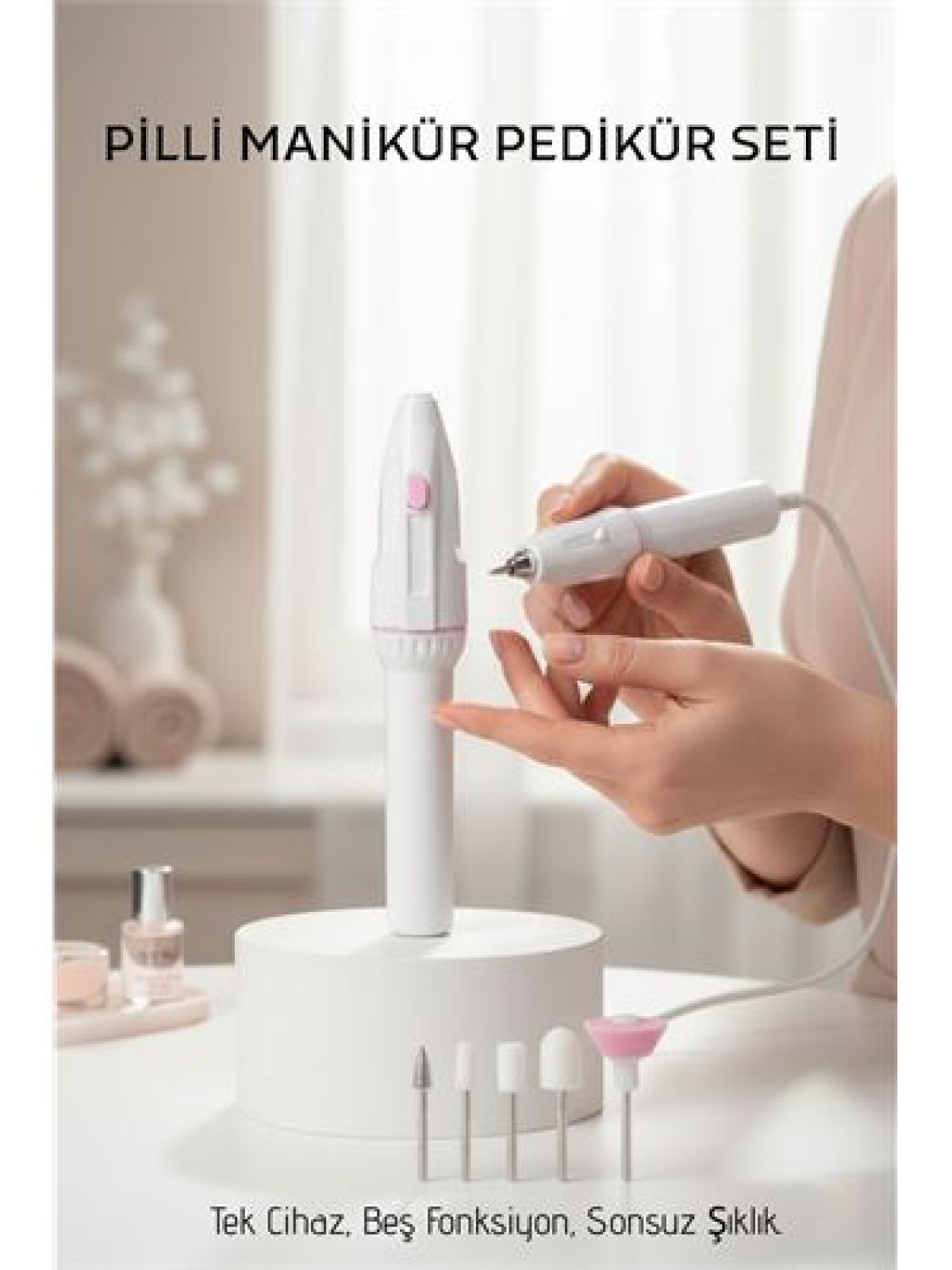 Profesyonel 5 Başlıklı Pilli Manikür Pedikür Seti - Güçlü Motorlu Tırnak Törpü ve Parlatıcı Bakım Kiti