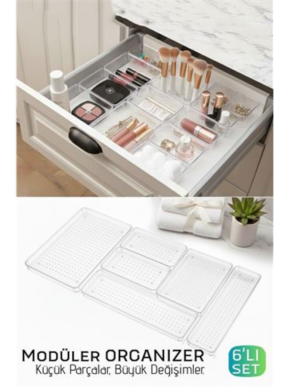 6 Parça Modüler Kristal Çekmece Düzenleyici Seti - Lüks Makyaj, Takı ve Ofis Organizeri