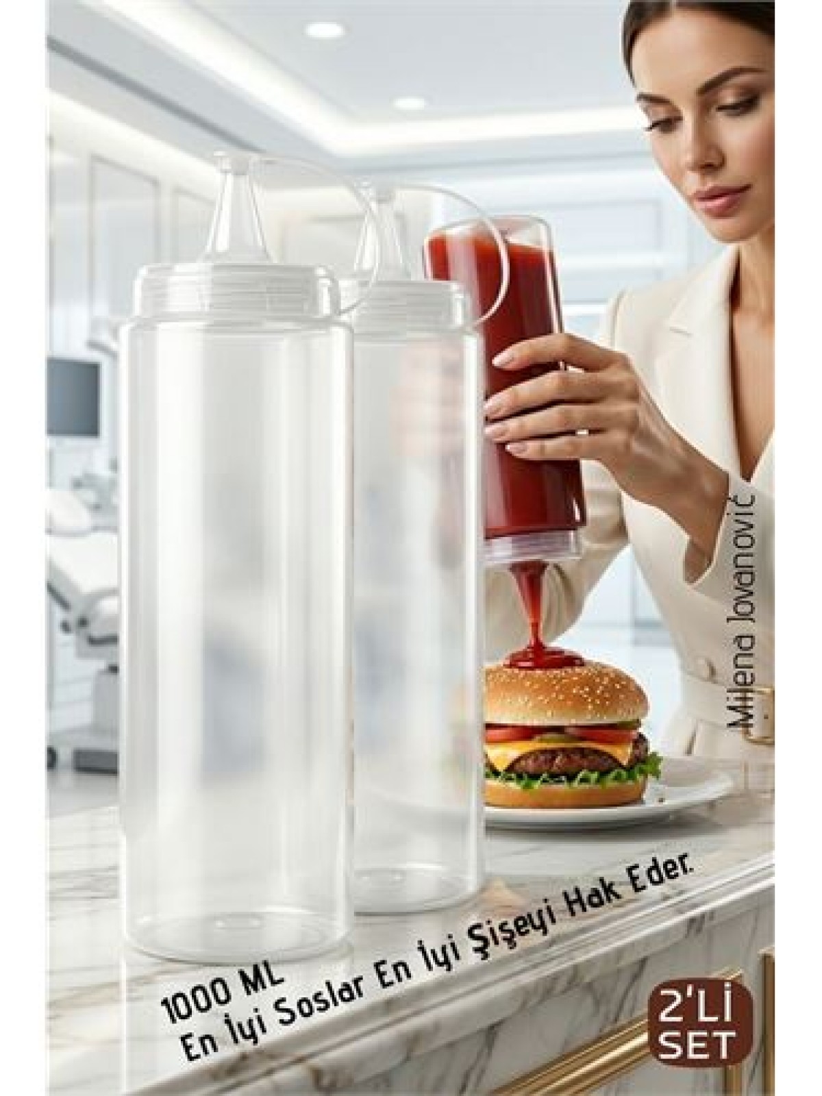 2'li Sos Şişesi, Ketçap Mayonez Hardal ve Zeytinyağı Şişesi Seti - 1000 ml Sızdırmaz Kapaklı Profesyonel Mutfak Dispenseri