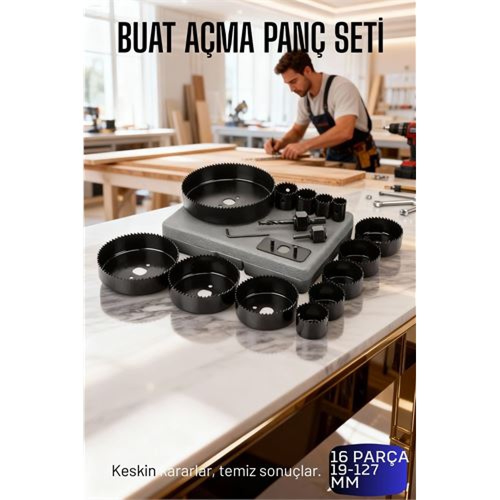 16 Parça Profesyonel Panç Buat Açma Seti - Ahşap ve Alçıpan Delme Testere Seti (19-127 mm)