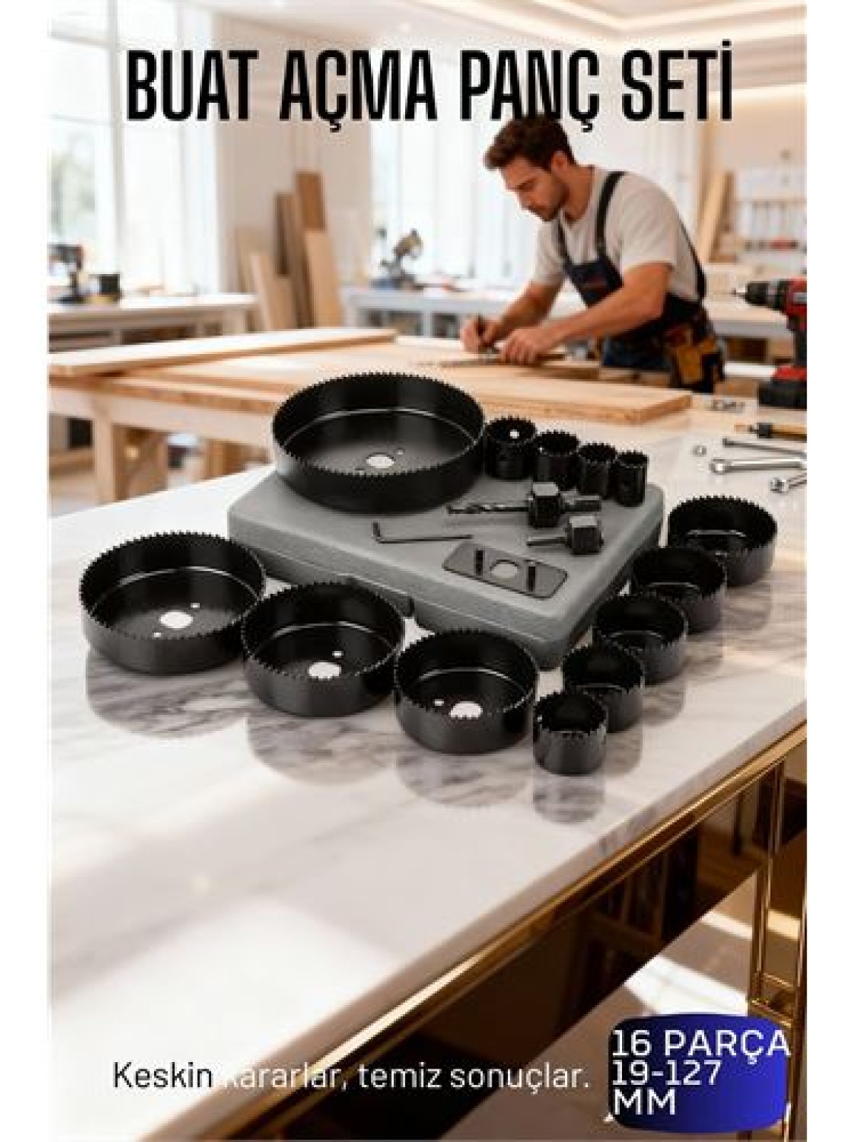 16 Parça Profesyonel Panç Buat Açma Seti - Ahşap ve Alçıpan Delme Testere Seti (19-127 mm)