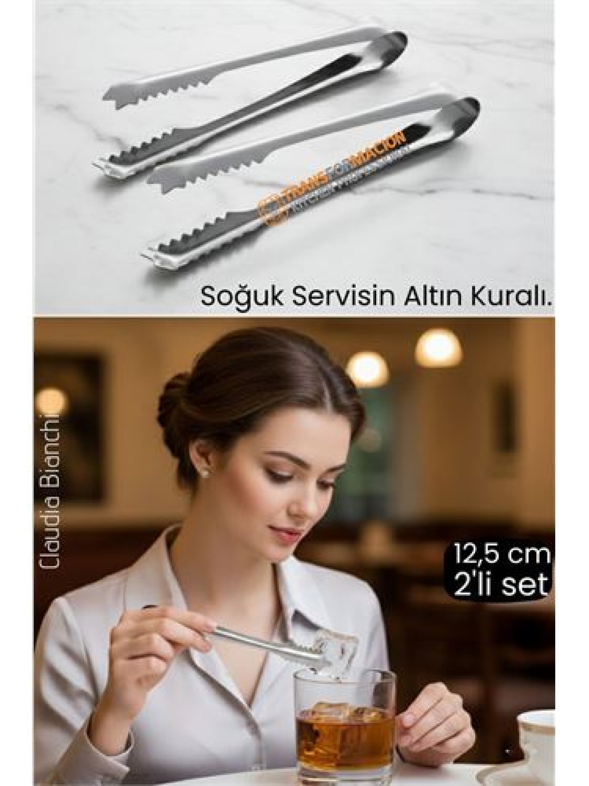 Profesyonel Bar Serisi 2'li Paslanmaz Çelik Buz Maşası Seti | Kokteyl & Sunum İçin Kaydırmaz Kavrama