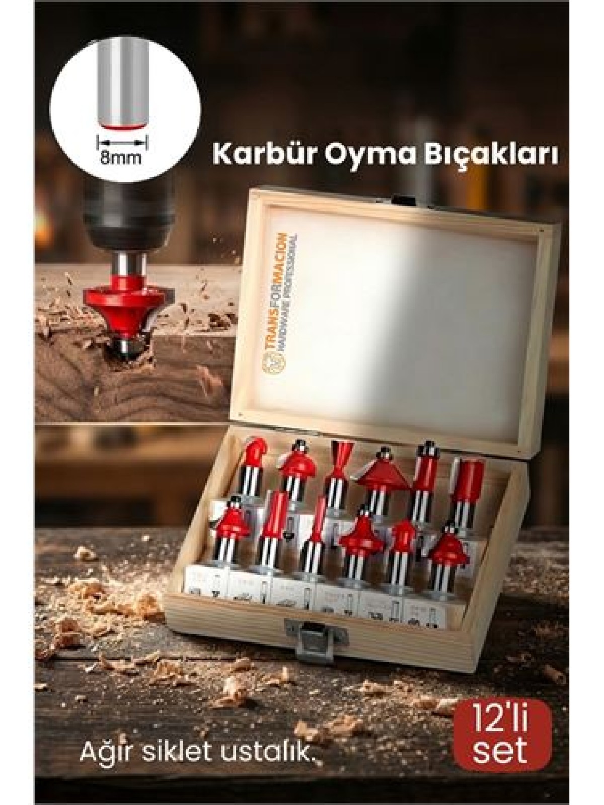 Profesyonel 12'li Ahşap Freze Ucu Seti 8mm Şaft | Rulmanlı Karbür Oyma Bıçakları Ahşap Kutulu