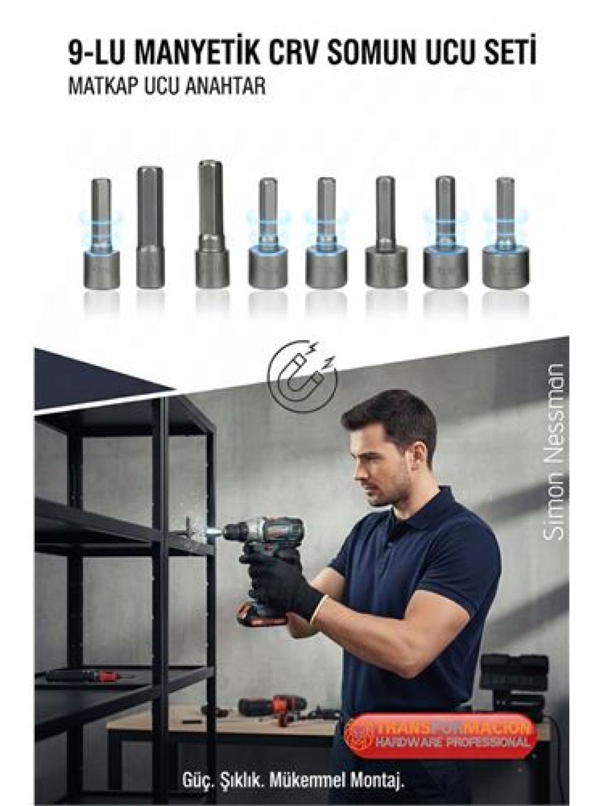9 Parça Mıknatıslı Somun Sıkma Ucu Seti - Manyetik CR-V Çelik Matkap Ucu Adaptörü