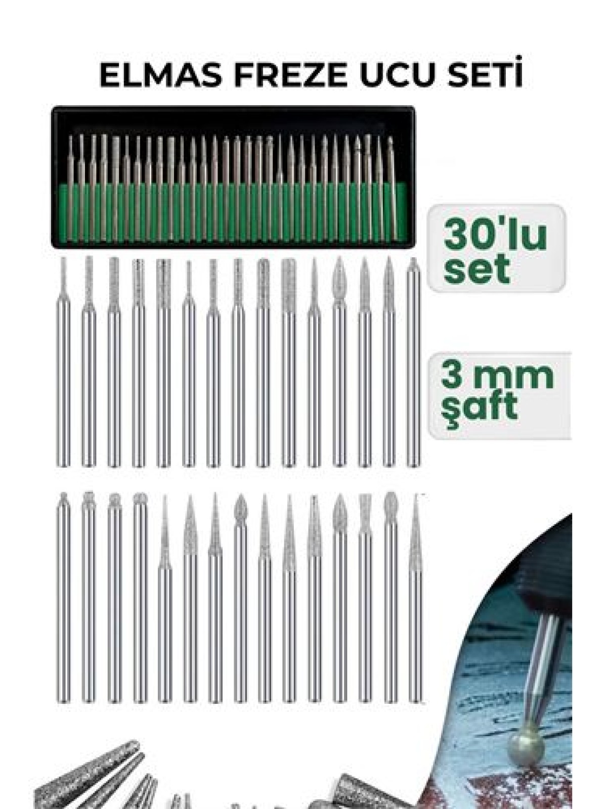 30 Parça Elmas Freze Ucu Seti - 3mm Şaft Profesyonel Gravür, Oyma ve Hassas Taşlama Seti