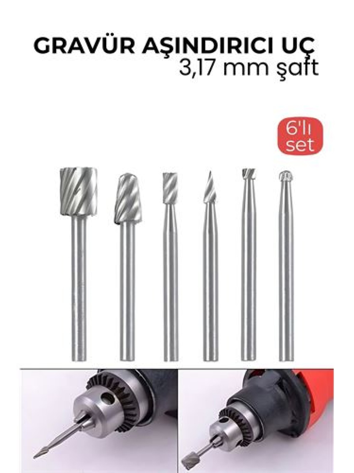 Premium 6’lı Karbür Gravür ve Taşlama Uç Seti – 3.17mm Şaft Profesyonel Oyma ve Aşındırma Seti