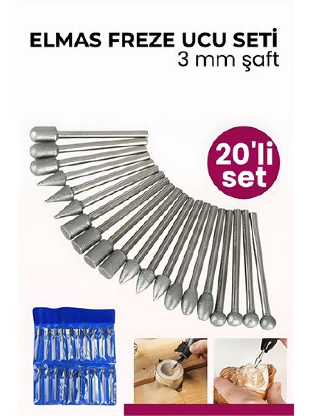 20 Parça Profesyonel Elmas Freze Ucu Seti - 3mm Şaft Gravür, Taş ve Cam İşleme Taşlama Seti