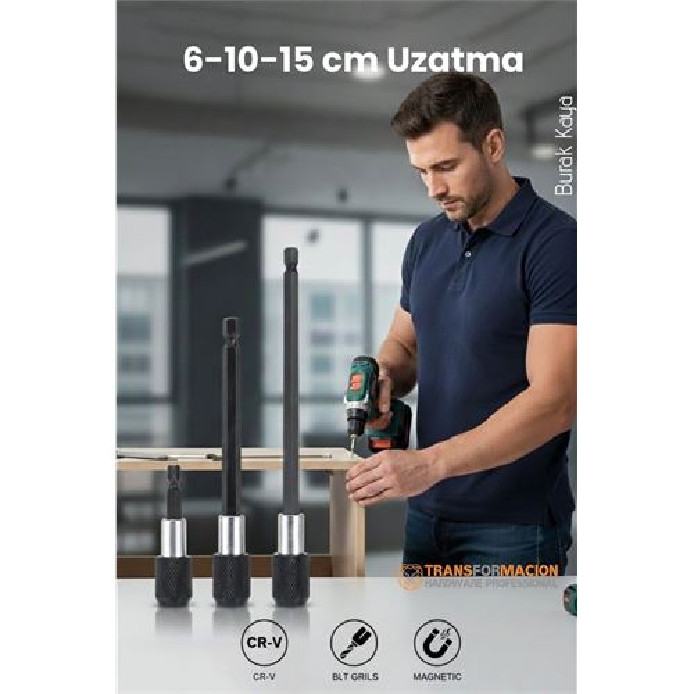 6-10-15 cm 3'lü Manyetik Uzatma Bits Adaptör Seti | Ulaşılmaz Alanlar ve Hassas Vidalama İçin