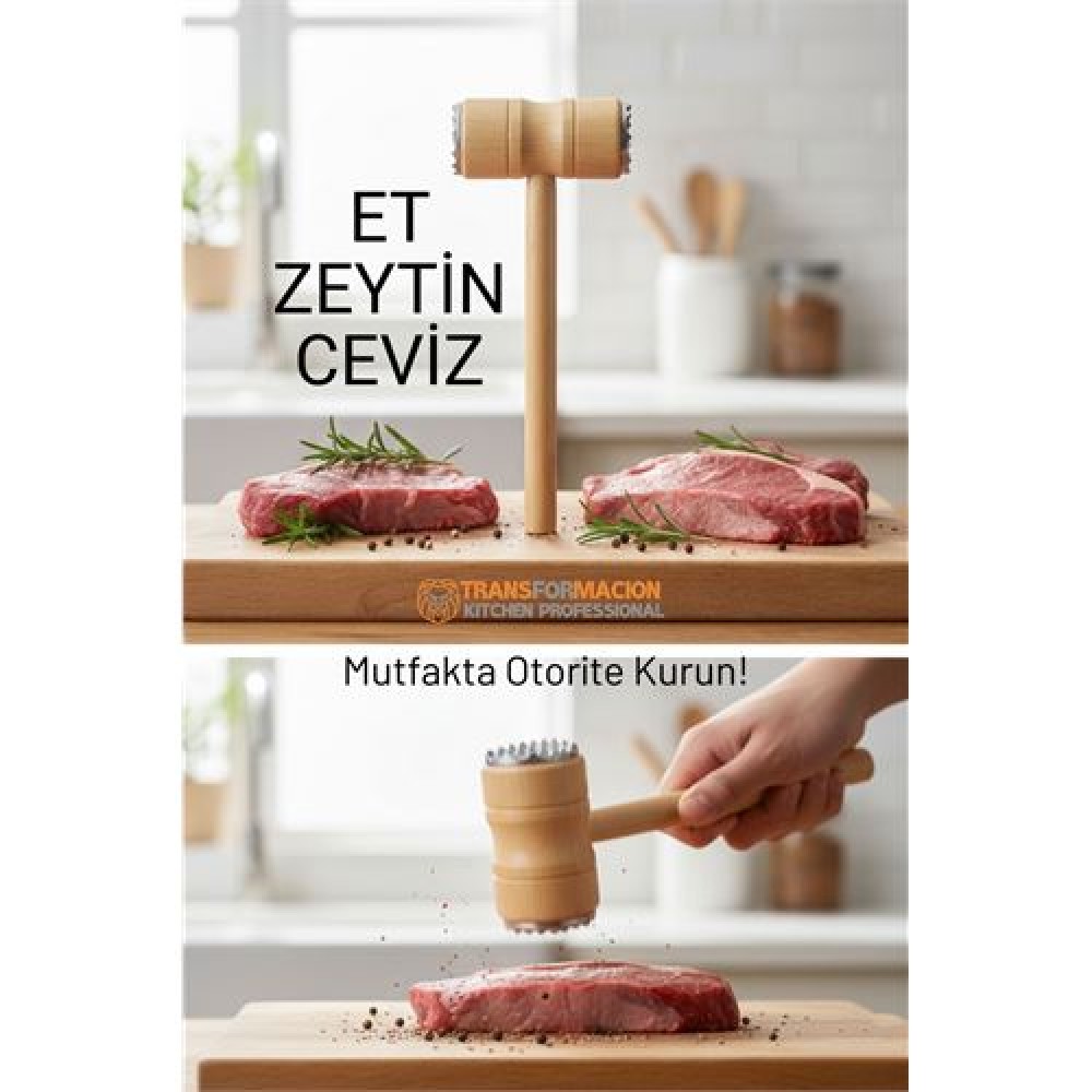Ahşap Saplı Profesyonel Et Dövücü, Zeytin ve Ceviz Kırıcı Çekiç