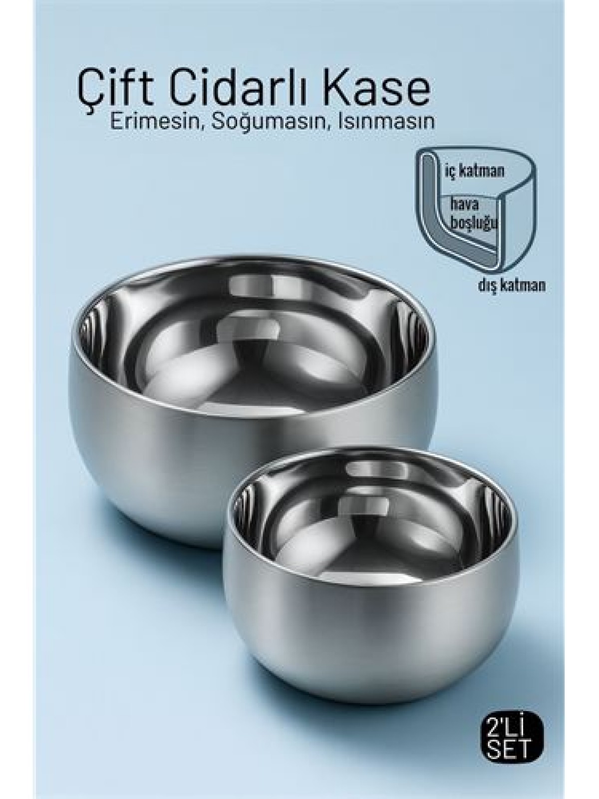 Çift Cidarlı Isı Yalıtımlı 2’li Lüks Kase Seti (16cm & 18cm) Premium 304 Paslanmaz Çelik
