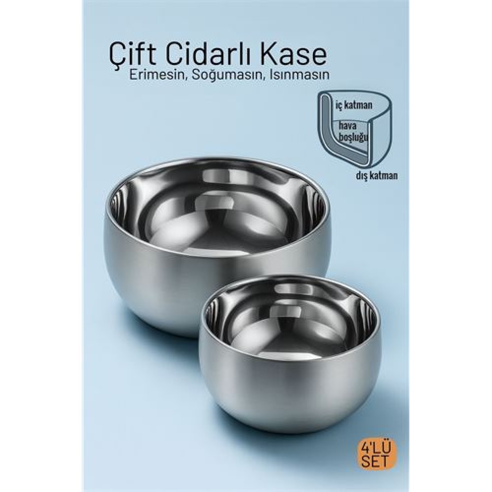 Çift Cidarlı Isı Yalıtımlı 4'lü Lüks Kase Seti (16cm & 18cm) Premium 304 Paslanmaz Çelik