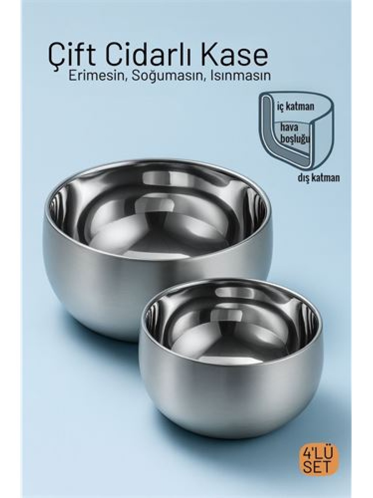 Çift Cidarlı Isı Yalıtımlı 4'lü Lüks Kase Seti (16cm & 18cm) Premium 304 Paslanmaz Çelik