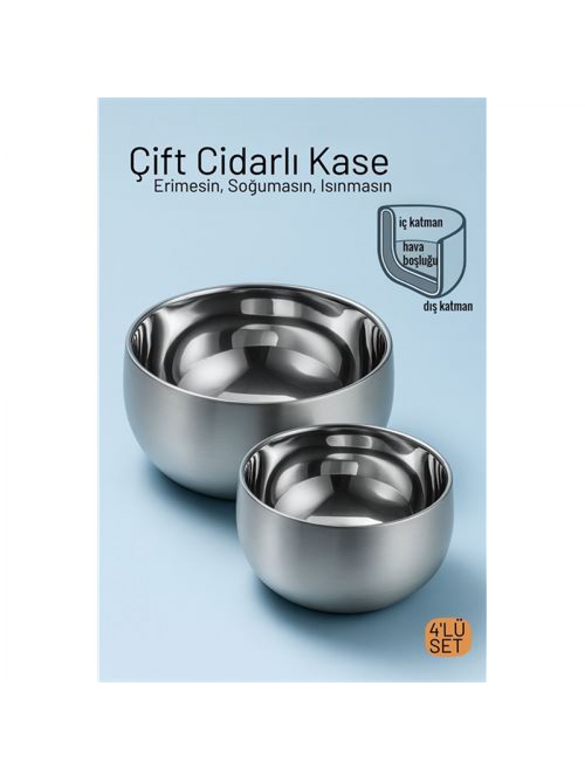 Çift Cidarlı Isı Yalıtımlı 4'lü Lüks Kase Seti (16cm & 18cm) Premium 304 Paslanmaz Çelik