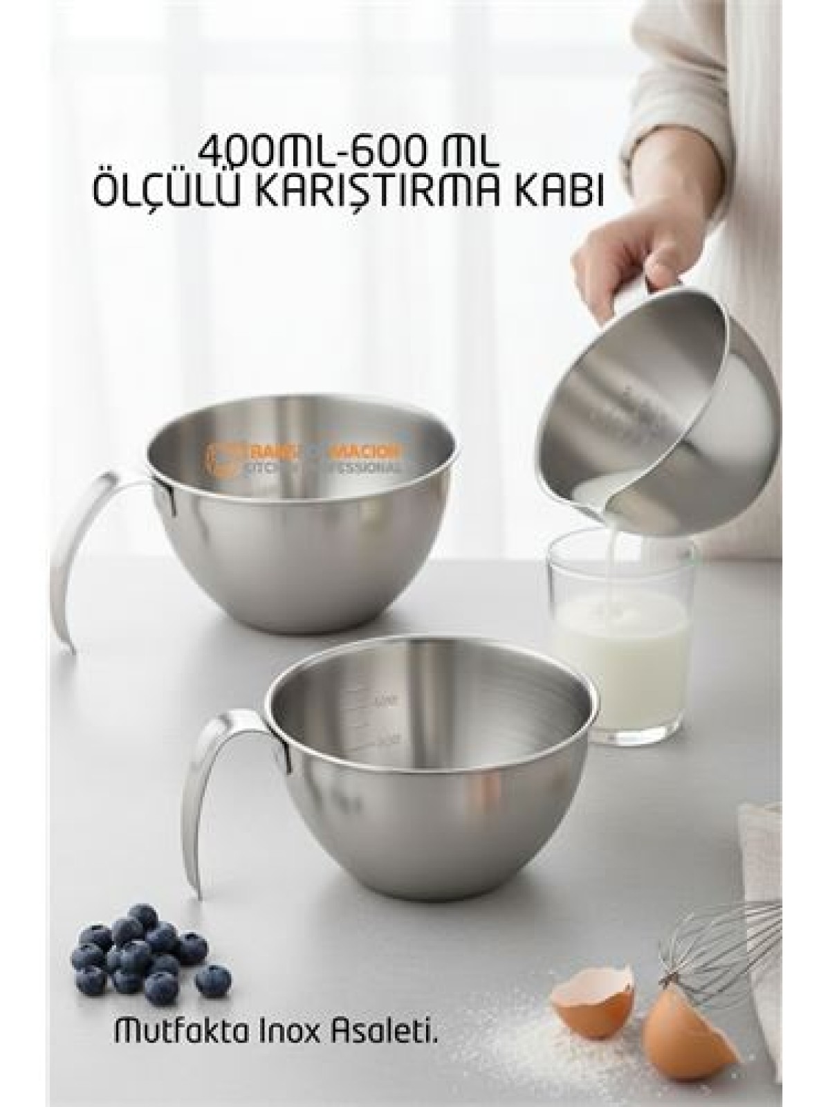 Inox Çelik Profesyonel Ölçülü Karıştırma Kabı Seti -400-600 ml Sos & Hazırlık Şefi Serisi